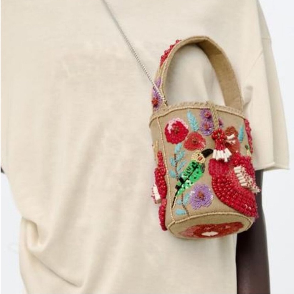 NWT ZARA BEADED BASKET BAG - Picture 7 of 11